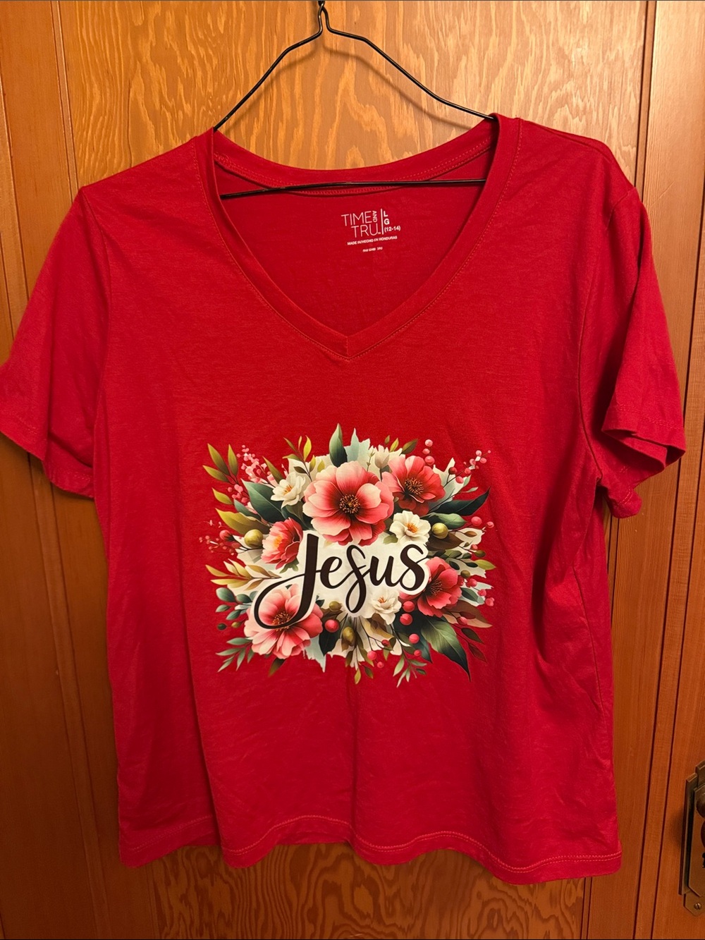 Time and Tru Red V-Neck Tee with Floral "Jesus" Script